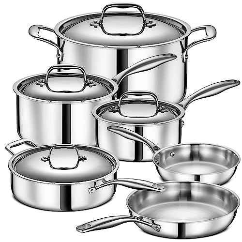 Legend 3 Ply Stainless Steel Cookware Set - 10-Piece, Full Clad, Induction, Non-Toxic, Oven Safe, Best 18/0 Professional Pots and Pans, Premium Kitchen Cooking, Chef Quality - PFOA, PTFE & PFOS Free - Stainless Steel 3 Ply