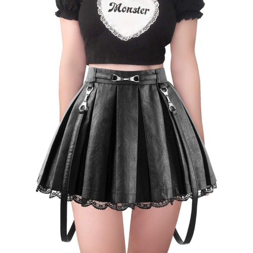 Littleforbig Women's A-Line Pleated Faux Leather Flared Casual Lace Trim Mini Skirts - Troublemaker