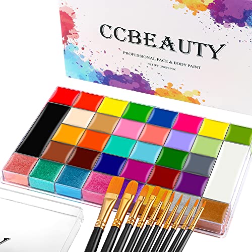 CCbeauty Professional 36 Colors Face Body Paint Kit, Largest Oil Based Non-Toxic Hypoallergenic Neon Face Painting Palette Set with 10 Brushes for Halloween SFX Special Effects Cosplay Costume Makeup - 01# 36 Colors + Brushes