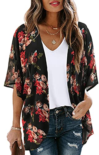 Women's Floral Print Puff Sleeve Kimono Cardigan Loose Cover Up Casual Blouse Tops - 3X-Large - Black Red Rose