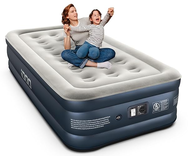 iDOO Luxury Twin Air Mattress with Built in Pump, 18" Raised Comfort Blow up Mattress, Inflatable Mattress for Guests & Home, Air Bed, colchon inflable, Upgraded Four Chamber Technical Airbed - Grey - Twin