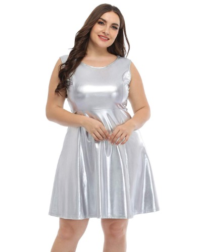 HDE Shiny Metallic Alien Costume Dress Futuristic Sleeveless Space Skater Dress - 3X - Silver