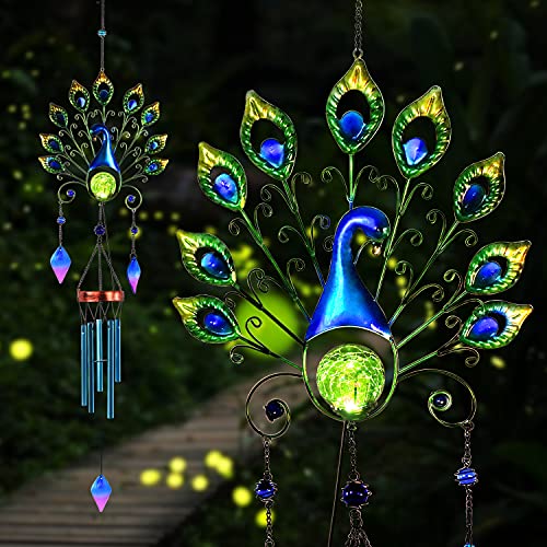 Pearlstar Solar Wind Chimes Outdoor, 53.5" Large Peacock Wind Chimes Light with Crackle Glass Ball, Waterproof Colorful Metal Peacock Wind Chimes for Garden Patio Yard Home Decor Memorial Gift…