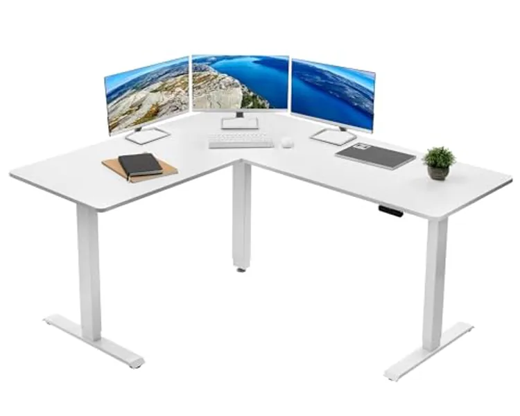 VIVO Electric Height Adjustable 63 x 55 inch Corner Stand Up Desk, White Table Top, White Frame, L-Shaped Standing Workstation, 3CT Series, DESK-E3CTW