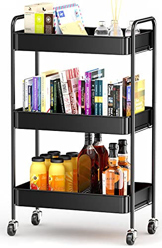 Storage Utility Cart with Wheels, Metal Rolling Organizer Cart for Kitchen laundry, 3-Tier Small Mobile Craft Cart (Black) - Black