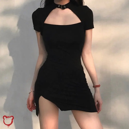 "Black Grunge Bodycon Dress - Secret" - black / M