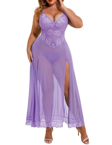 Avidlove Plus Size Lingerie For Women Babydoll Sexy Mesh Maxi Nightdress Strappy Exotic Sleepwear Side Slits - Lilac - XX-Large