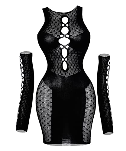Buitifo Sexy Lingerie for Women Dress One Piece Babydoll Sleepwear Party Clubwear with Oversleeve - Black - Medium