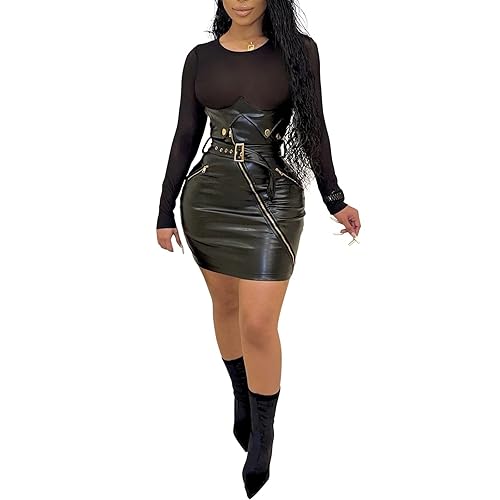 sedmoda Women Sexy Faux Leather Mini Dress Sheer Mesh Patchwork Long Sleeve Bodycon Dresses Party Club Outfits - X-Large - Black
