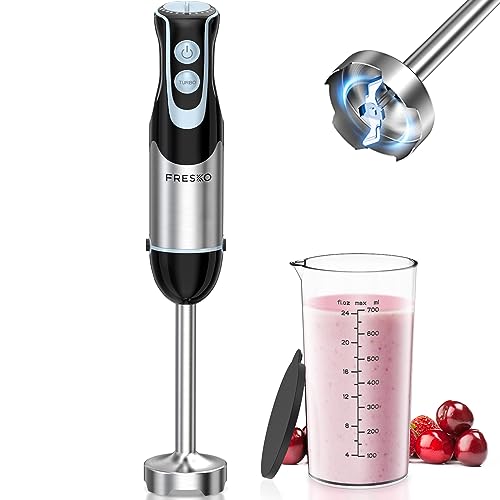 FRESKO Immersion Handheld Blender 500W with 700ml Beaker, 12-Speed & Turbo Mode Hand Blender Stick, 304 Stainless Steel Blades for Soup, Smoothie, Puree, Baby Food - Blender+Beaker