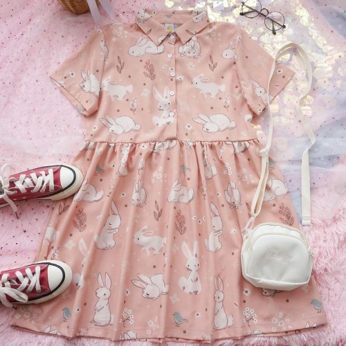 Spring Bunny Dress for School Girl - Pink