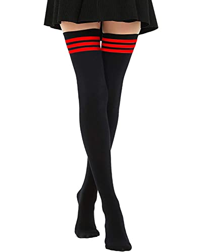 DRESHOW Extra Long Thigh High Socks Long Boot Stockings Striped Over Knee Socks for Women Cotton Leg Warmers - 1 Pair Extra Long: Black (Red Stripe)