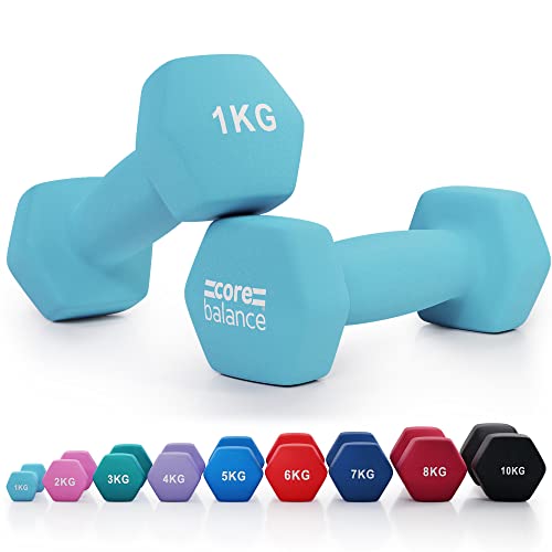 Core Balance Dumbbell Pair Hex Weight Neoprene Coated Cast Iron Strength Training (2 x 1kg, 2kg, 3kg, 4kg, 5kg, 6kg, 7kg, 8kg, or 10kg) - 2 x 1kg - Light Blue