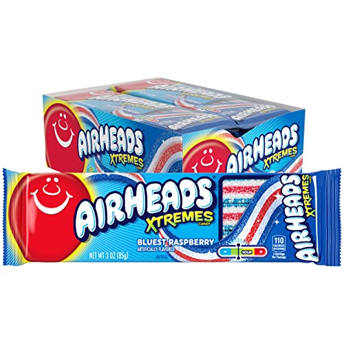 Airheads Xtremes Belts, Halloween Trick or Treat Sweetly Sour Candy, Bluest Raspberry Flavor, Individually Wrapped Bulk Candy for Adults & Kids, Non-Melting, 3 oz Packs (Box of 12 Packs) - Bluest Raspberry - 3 Ounce (Pack of 12)
