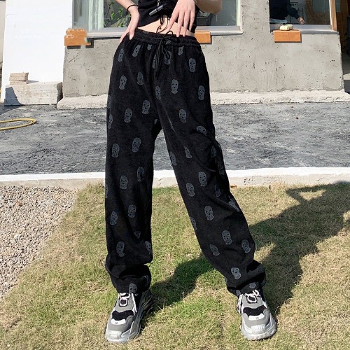 'Cradle of Fear' Black Grunge Alt Casual Loose Skull Pants - black / M