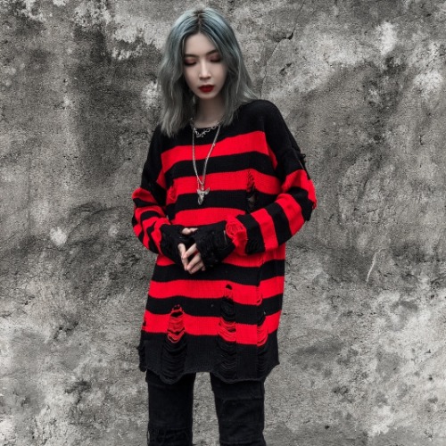 'Flame of Fear' Red & Black Torn Striped Sweater - M / Red