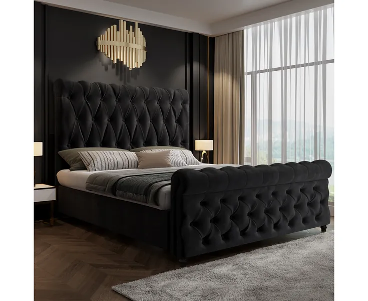 Royal Sleep Queen Bed Frame Velvet Solid Wooden Base Platform Black - Black