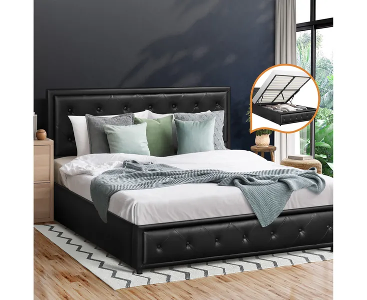 Oikiture Bed Frame Double Size Gas Lift Base With Storage Black Leather