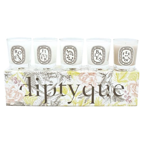 Diptyque Set of 5 Home Scented Aromatherapy Wax Candles - Travel Size, Small Scended Candles Holiday Gift Set: Baies, Roses, Figuier, Feuille de Lavande, Feu de Bois