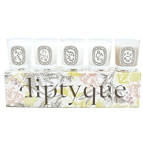 Diptyque Set of 5 Home Scented Aromatherapy Wax Candles - Travel Size, Small Scended Candles Holiday Gift Set: Baies, Roses, Figuier, Feuille de Lavande, Feu de Bois
