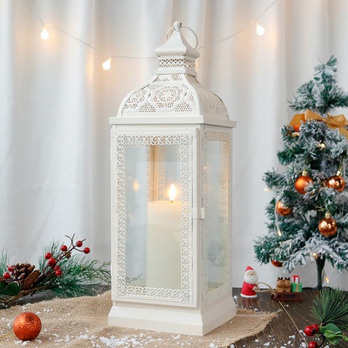 TRIROCKS Rustic Style Metal Candle Lantern 19'' High Decorative Hanging Lantern Candle Holder with Tempered Glass for Christmas Living Room Garden Yard Patio Parties Events Indoors Outdoors(Cream) - 16'' H - White