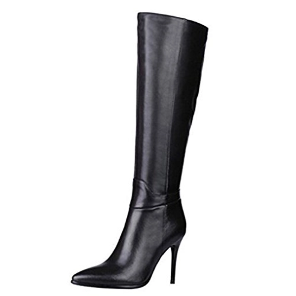 Dance&Style Women's Leather Boots Middle Thin Heels Shoes Zipper Knee High Boots