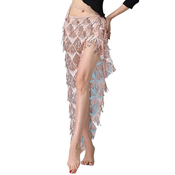 MUNAFIE Hip Scarf for Belly Dance Folk Dance Halloween Costume Tribal Dance Skirt with Sequin Tassel