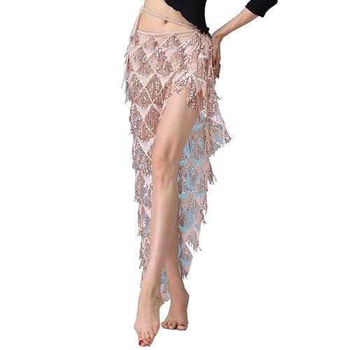 MUNAFIE Hip Scarf for Belly Dance Folk Dance Halloween Costume Tribal Dance Skirt with Sequin Tassel - Champagne