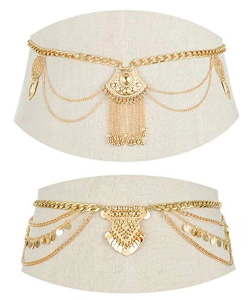 Tornito 2 PCS Waist Belt Chain Vintage Dangle Dancing Tassel Body Chain Bikini Beach Body Jewelry for Women Silver Gold Tone