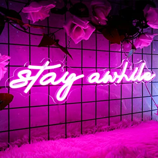 Pink Stay Awhile Neon Signs - IMEGINA Dimmable LED Bar Neon Sign for Wall Decor 19.7x5 Inch, USB Powered Cool Neon Light for Bedroom Home Room Pub Party, Birthday Christmas Gift