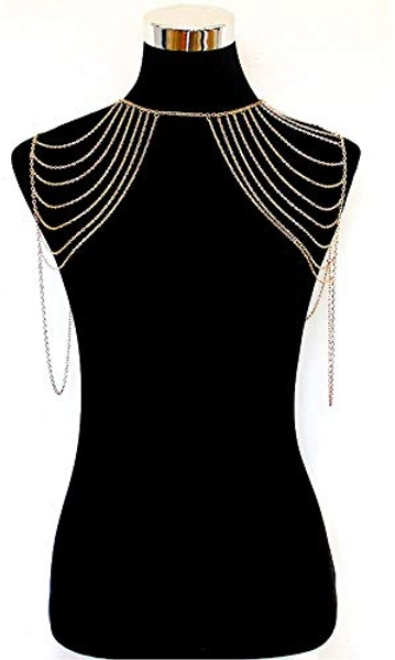 Yomiie Body Shoulder Chain Multilayered Gold Tassels Link Harness Necklace Fashion Jewelry Belly Waist Bra Boho Hot Bikini Beach Anniversary Festival for Women Girls