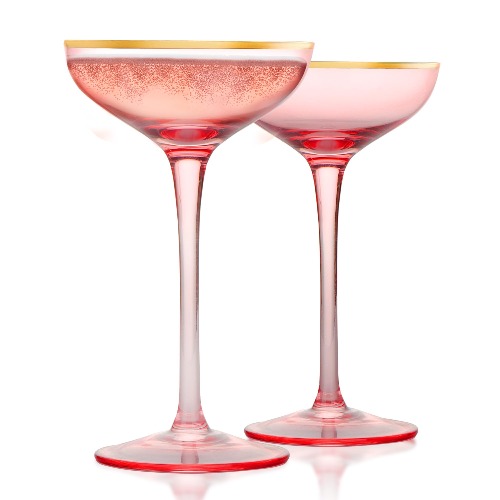 REAWOW Pink Champagne Glasses 5 OZ Champagne Coupe Glasses Classic Cocktail Glassware Gilded Dessert Cup Creative Unique Gift Set of 2