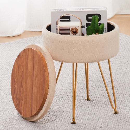 Cpintltr Modern Velvet Foot Rest Stool Upholstered Round Storage Ottomans Multipurpose Dressing Stools Luxury Home Decor Ottoman Coffee Table Top Cover Footstool with Metal Legs for Couch Beige - Beige