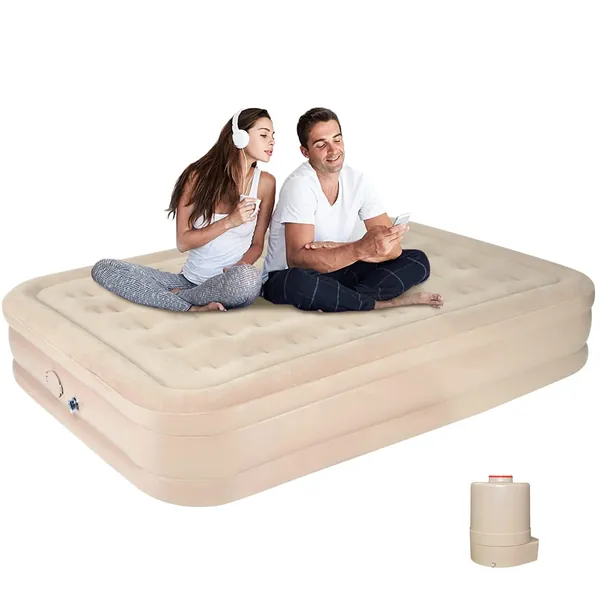Double Air Bed, Air mattress Inflatable Queen Mattress Built-in Air Pump, One Button Charge/Deflate, No Plugs, Ultra Plush Fiber Technology for Home, Travel & Camping, 78 x 56 x 15 Inches - Tan