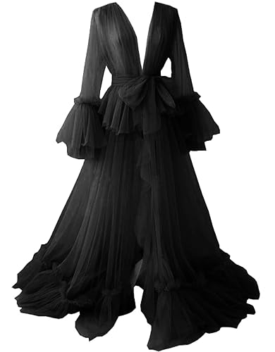 Tulle Robe Maternity Dress for Photoshoot Long Illusion Bridal Lingerie Dressing Gown Nightgown Old Hollywood Robe - Small-Medium - Black