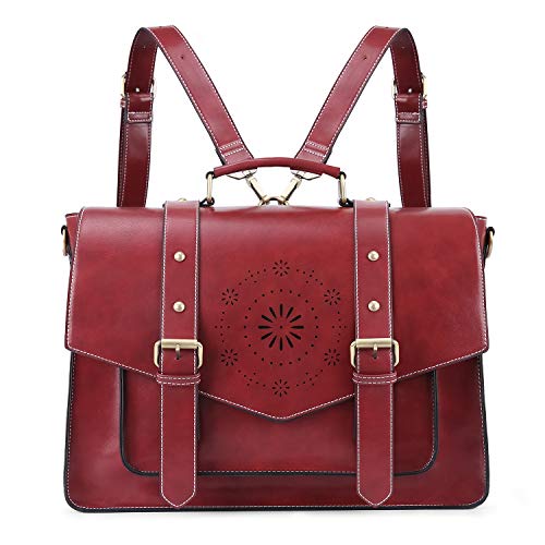 ECOSUSI Backpack for Women Briefcase Messenger Laptop Bag Vegan Leather Satchel Work Bags Fits 15.6 inch Laptops, Red - 15.6 inch - 3red-l