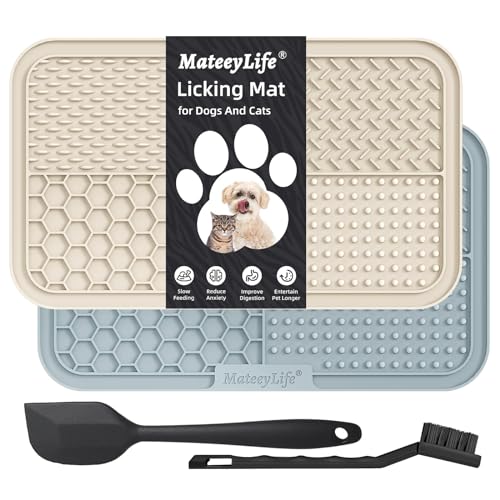 MateeyLife 2PCS Large Lick Mat for Dogs with Suction Cups, Slow Feeder Dog Bowls, Dog Lick Mat for Anxiety Relief, Dog Toys to Keep Them Busy, Dog Enrichment Toys for Bathing, Cat Lick Pad for Boredom - 9.9'' × 6'' - Gray&Beige