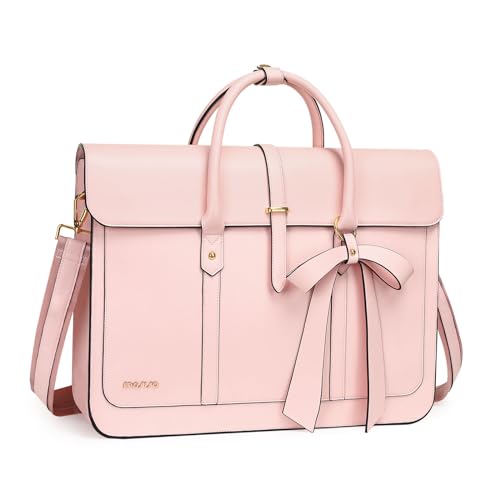 MOSISO Laptop Bag for Women, 15-15.6 inch PU Leather Laptop Shoulder Bag Convertible Backpack, 16 inch Messenger Bag Casual Handbag Work Briefcase Travel Computer Bag with Bowknot, Pink - 16 inch - Pink