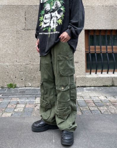 Army Green Vintage Wash Multi-Pocket Cargo Twill Pants | M