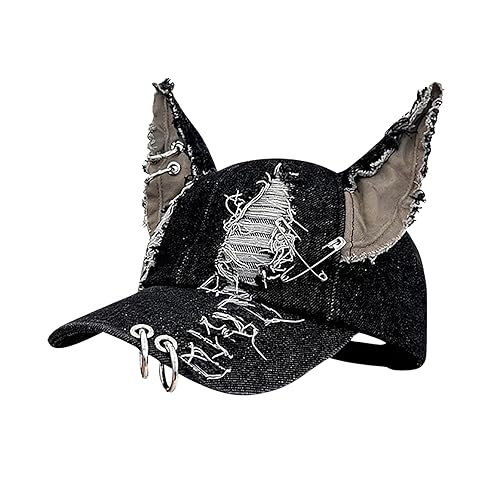 CORIRESHA Cute Bunny Hat with Ears Y2k Grunge Metal Iron Ring Chain Distressed Denim Baseball Cap - Black Dog - One Size
