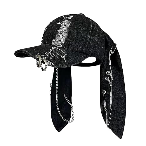CORIRESHA Cute Bunny Hat with Ears Y2k Grunge Metal Iron Ring Chain Distressed Denim Baseball Cap - Black - One Size