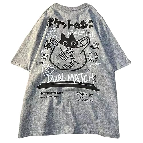 LREUIP Gothic Oversized Printed T-Shirt Harajuku Street Trend Men and Women's Personality Loose Print Punk Short Sleeve - Large - Grey