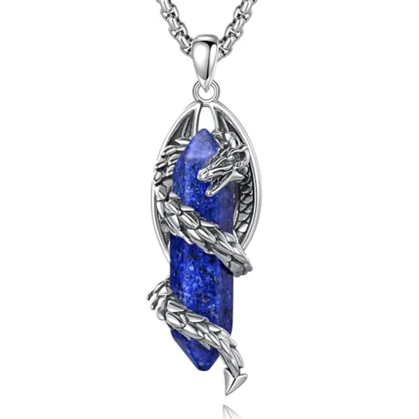 Vito Dragon Necklace for Women Men, Hexagonal Obsidian Rose Quartz Amethyst Prism Healing Energy Amulet Pendant Jewelry Gift for Mom Dad, Stainless Steel Box Chain 20" Plus 2" Extender+ 24" Black Cord