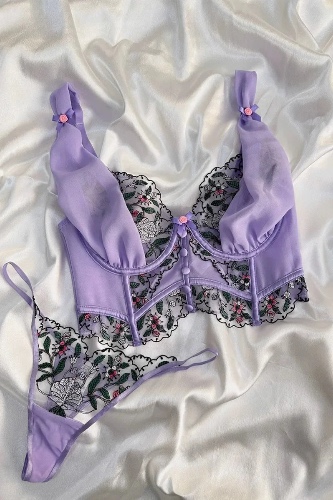 Silk n Satin Thong Lingerie Set - Purple / M