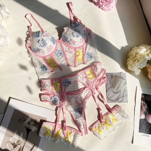 Fairy Floral Garter Lingerie Set - S / Pink