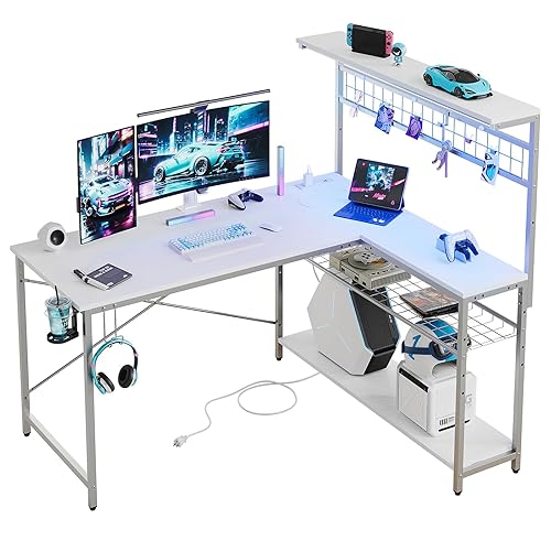 Bestier Gaming Desk 51" L-Shaped, with Power Outlets & LED Lights- 4 Tier Shelves, Reversible Gamer Table with Hooks & Cup Holder for Home Office,Carbon Fiber White - Carbon Fiber White - 51 Inch