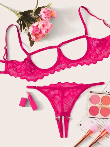 Crotchless Lingerie Open Bra Set - Hot Pink / S
