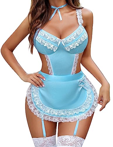 Avidlove Womens Lingerie Sets Lace V Neck Teddy Babydoll 3 Pack Lingerie Costumes Sleepwear Dress S-XXL - XX-Large - Light Blue