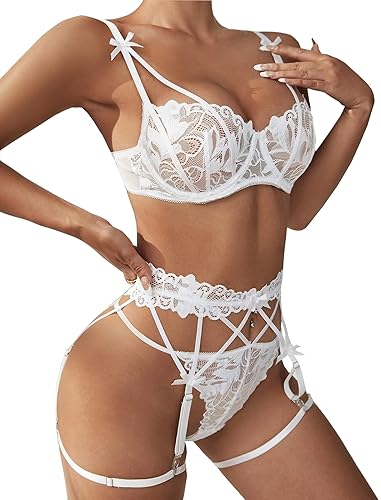 Avidlove Lingerie For Women Floral Lace Garter Lingerie Set Underwire Bra Panty Set With 1pair Leg Ring - X-Large - White