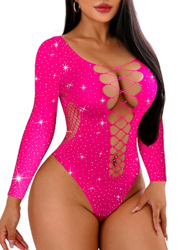 Avidlove Womens Rhinestone Bodysuit Sparkle Fishnet Lingerie Sexy Outfit Mesh bodysuit Teddy lingerie - Rose Red-long Sleeve